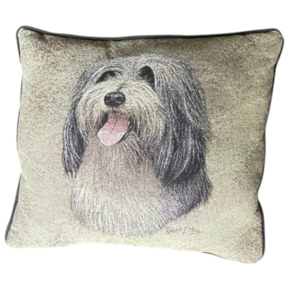 PILLOW Bearded Collie artist Robert May no tags EUC solid black back 14”x16”